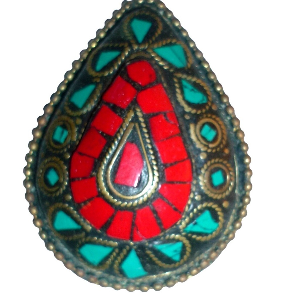 Tibetan Nepalese Brass Mosaic Pendant‎ Red Coral Turquoise Teardrop Jewelry
